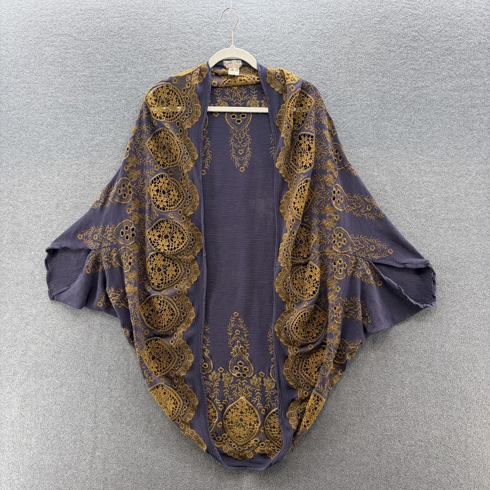 Free People Kimono Jacket Womens OS Purple Embroidered Open Front Boho Festival